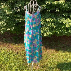Vintage 60s dress green purple floral |S - M| sheath Famous Fashions